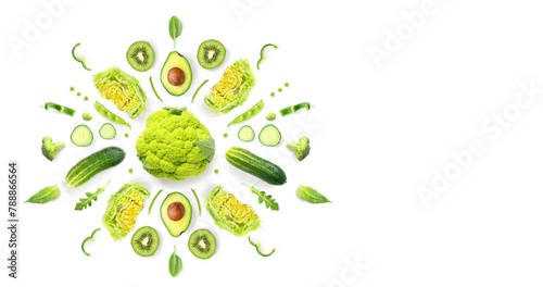 Animation of avocado, kiwi, green cucumber, broccoli, peas, arugula, kefir leaves (ID: 788866564)