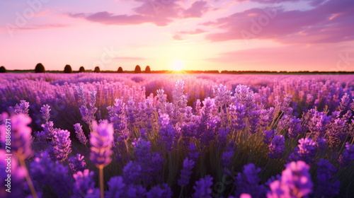 A field of lavender in full bloom, the air filled with the soothing scent of purple flowers, copy space