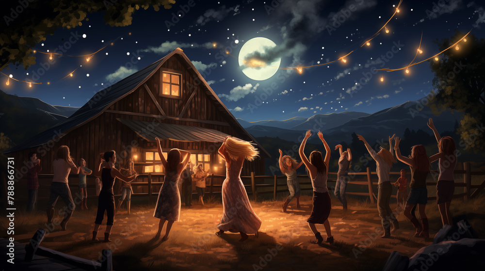 A group of friends hosting a barn dance under the stars, twirling and laughing in the moonlight, copy space A group of friends hosting a barn dance under the stars, twirling and laughing in the moonlight, copy space