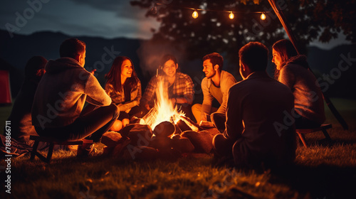 A group of friends gathering around a bonfire on a chilly evening, sharing stories and laughter under the stars, copy space