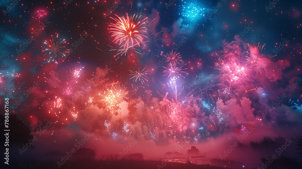 A mesmerizing scene unfolds as vibrant fireworks light up the night sky, casting colorful explosions and enveloping the surroundings in a festive ambiance.