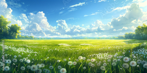 Underneath the clear blue sky with fluffy clouds, a vibrant landscape comes to life, portraying a meadow abloom with fresh grass flowers during the spring months. photo