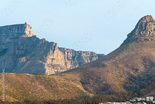 landscape with mountains, Table Mountain and Lions Head close up against blue sky, Cape Town, South Africa