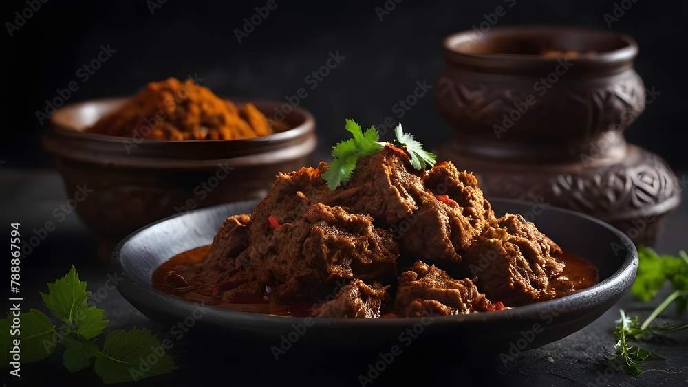 Rendang plated with a black background in the scene Rendang plated with a black background in the scene