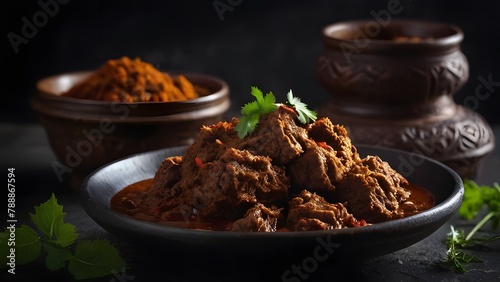 Rendang plated with a black background in the scene
