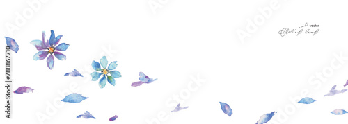 水彩画。水彩タッチの紫と青い花のイラスト。エレガントな花のフレーム。水彩のベクターフレーム。Watercolor painting. Illustration of purple and blue flowers with watercolor touch. Elegant flower frame. Watercolor vector frame.