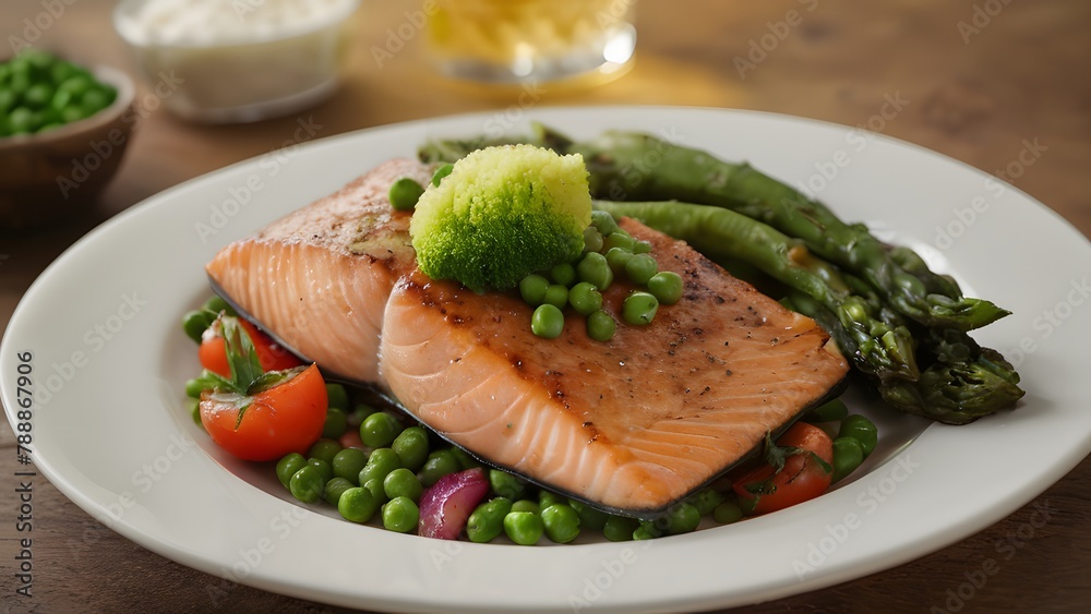 A cuisine display with salmon and asparagus served on a white plate