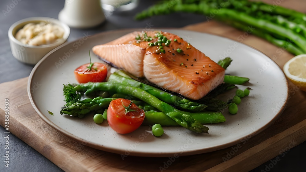 A plate arrangement featuring a piece of salmon and asparagus A plate arrangement featuring a piece of salmon and asparagus