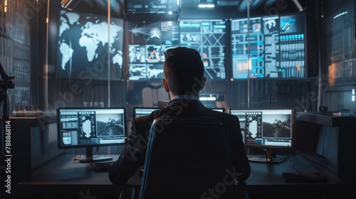 A security consultant deploying AI surveillance systems, in a high-tech, minimal command center, styled as security modern.
