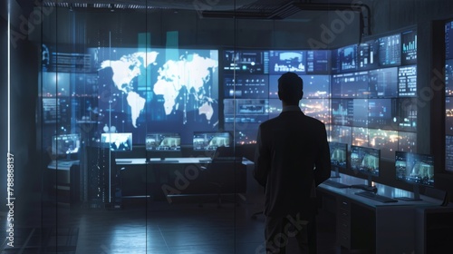 A security consultant deploying AI surveillance systems, in a high-tech, minimal command center, styled as security modern.