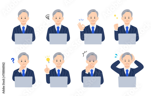 パソコンを見ながらいろいろな表情･ポーズをする経営者･社長のセット【人物ベクターイラスト素材】