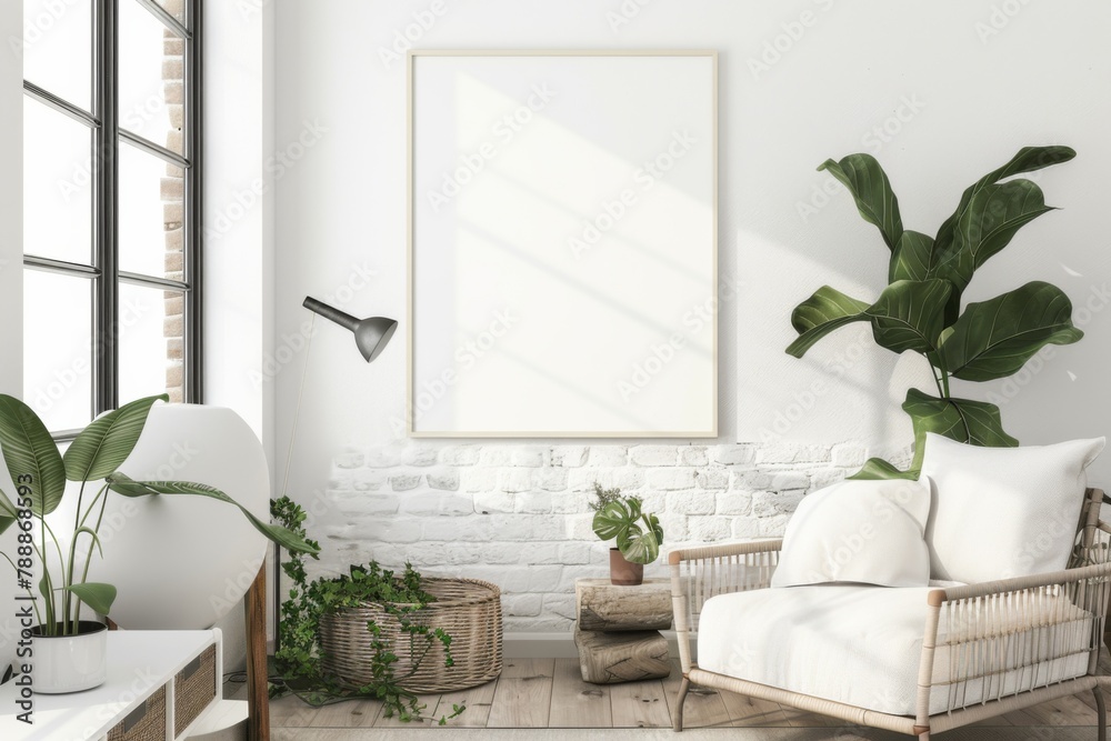 Fototapeta premium Scandinavian style living room with poster mockup created with generative ai