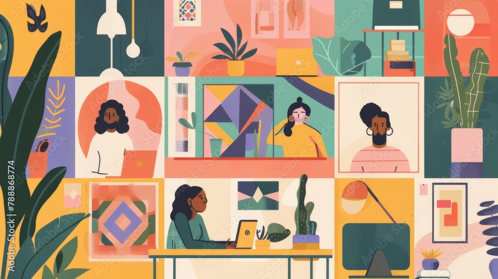 A team video call where each participant is in a uniquely designed home office, illustrating diversity in remote work environments, in a vibrant, contemporary style.