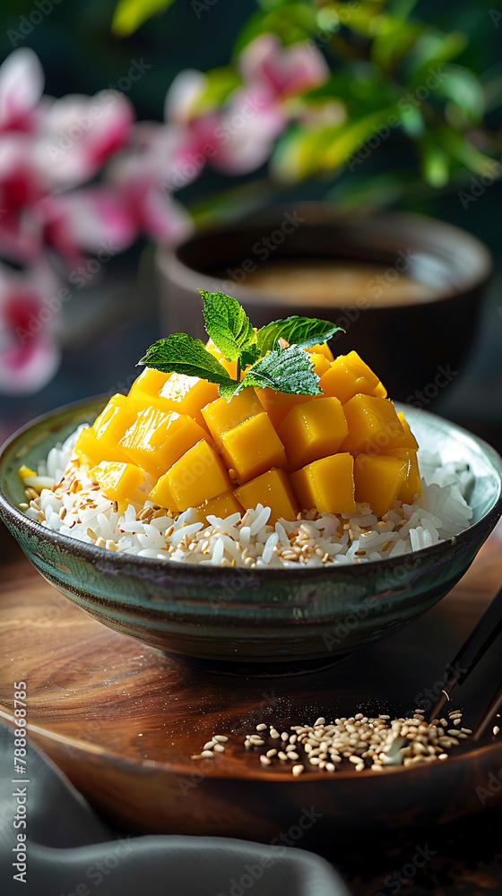 Beautiful presentation of Mango sticky rice, hyperrealistic food photography