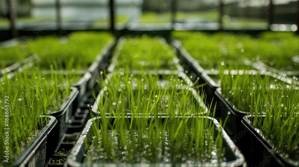 Fototapeta premium Rice seedlings carefully arranged in trays