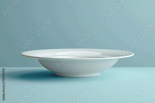 A clean empty round white plate sits isolated on a blue background.