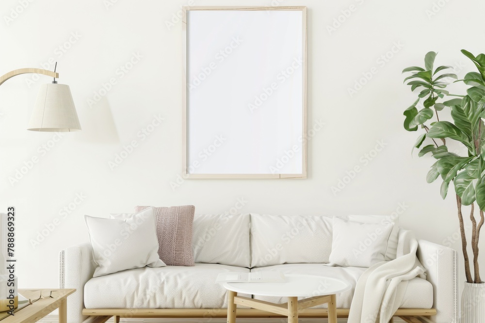 Scandinavian style living room with poster mockup created with generative ai