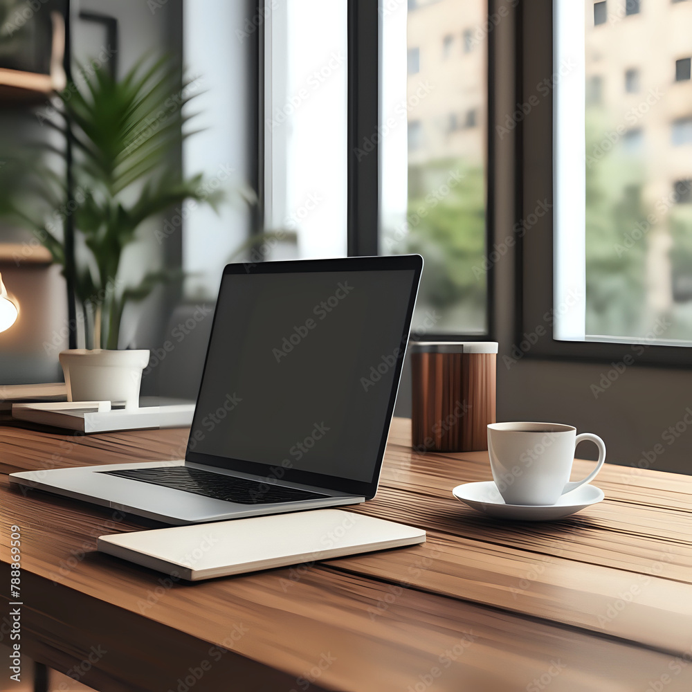 Close up of modern workplace with laptop coffee cup and other items on wooden table - generated by ai Close up of modern workplace with laptop coffee cup and other items on wooden table - generated by ai