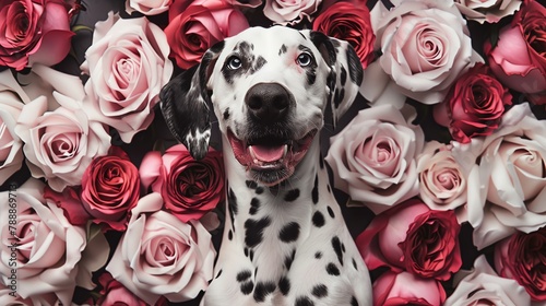 A dalmatian dog in front of a background of pink and red roses. photo