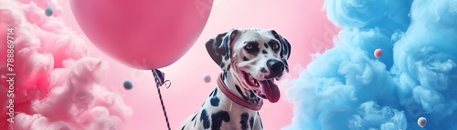 A dalmatian dog is sitting in front of a pink and blue background with a pink balloon tied to its collar. photo