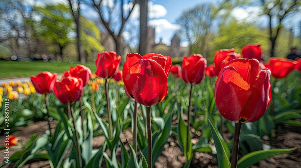 During the blossoming of springtime a vibrant cluster of red tulips adorns the park