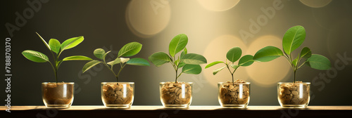 Five young plant green buds in clear glass planter pots with stones. Little sprouts growing in transparent flowerpots on dark golden blurred background with bokeh lights. Modern indoors decoration.  photo