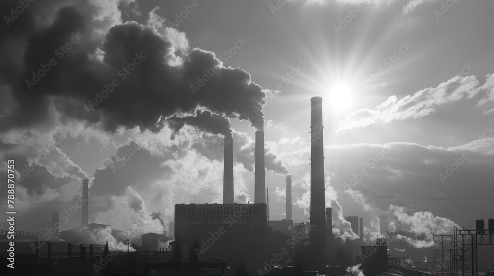 Large chimneys tower over the expansive factory complex, emitting clouds of steam into the sky.