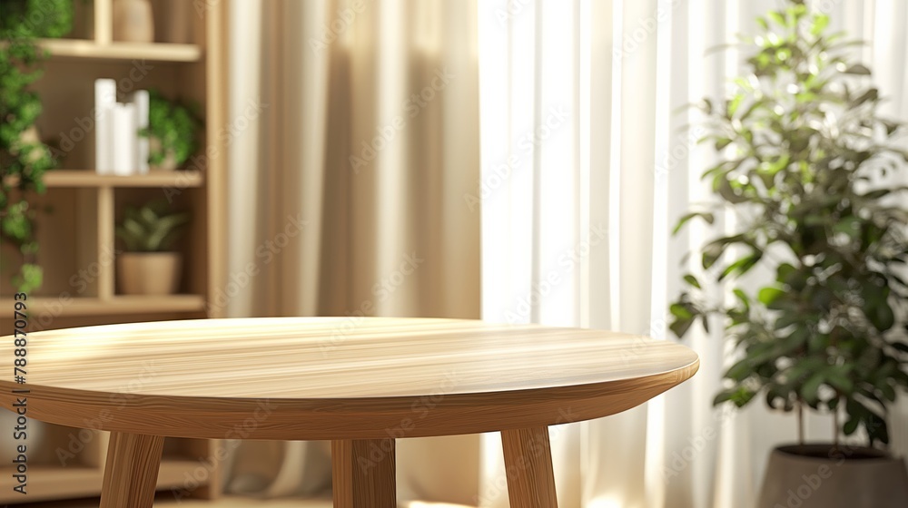 Blank round table with plants and curtains and bookcases in the background.