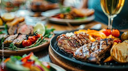 Plate of delicious grilled food on a table
