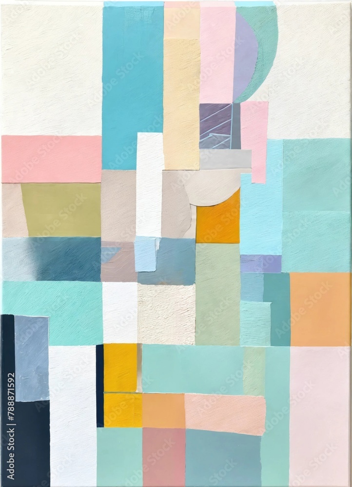 Fototapeta premium Geometric shapes, pastel tones, painting with collage on canvas. Contemporary painting. Modern poster for wall decoration