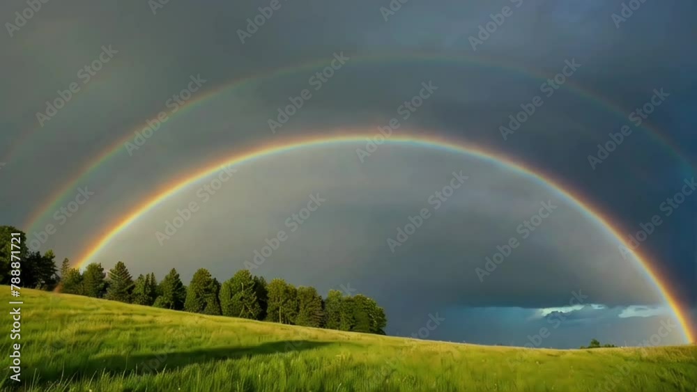 A majestic rainbow arching over a picturesque meadow after a rainstorm. A majestic rainbow arching over a picturesque meadow after a rainstorm.