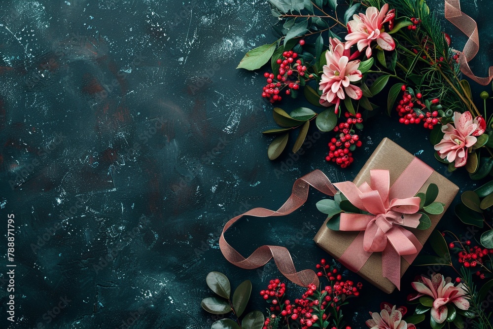 Flowers and a gift with ribbons on a dark background. copy space. top view.