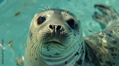 Closeup of a distressed seals face captured in a small tank and constantly subjected to loud music and flashing lights in a marine park. . © Justlight