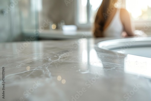 Marble table top with rest room bath tube blurry loose focal background. Close up photo of contemporary interior - generative ai photo