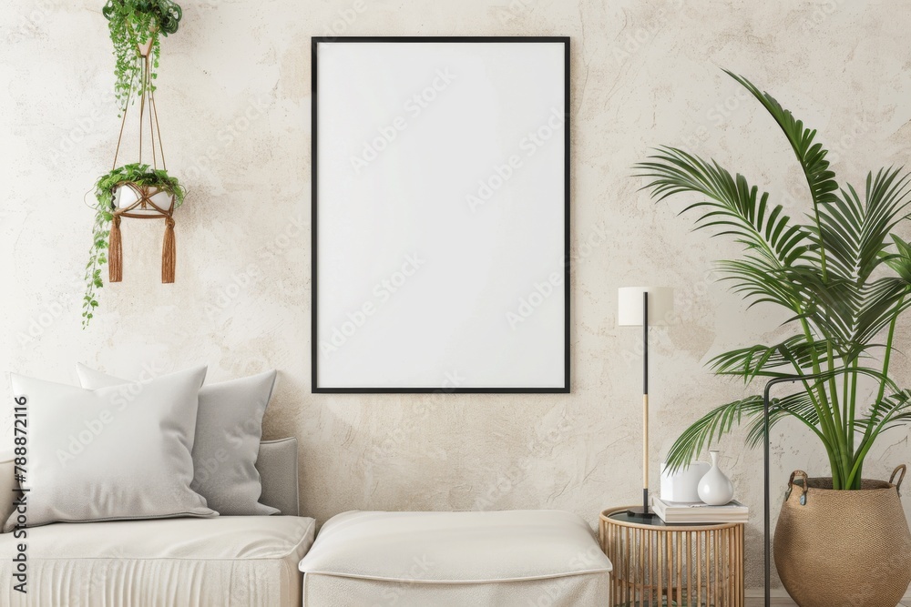 Fototapeta premium Scandinavian style living room with poster mockup created with generative ai