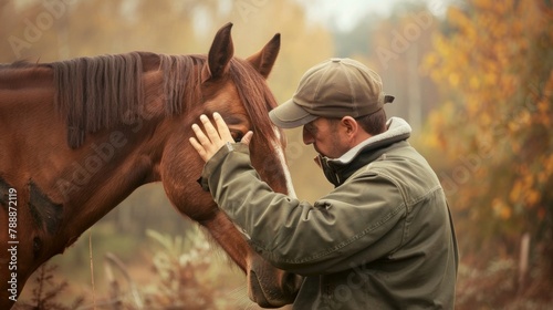 The bond between a skilled animal whisperer and a frightened horse is evident as they share a quiet moment the vet steadily stroking its mane while whispering words of reassurance. . photo