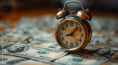 Vintage Alarm Clock on Cash Background