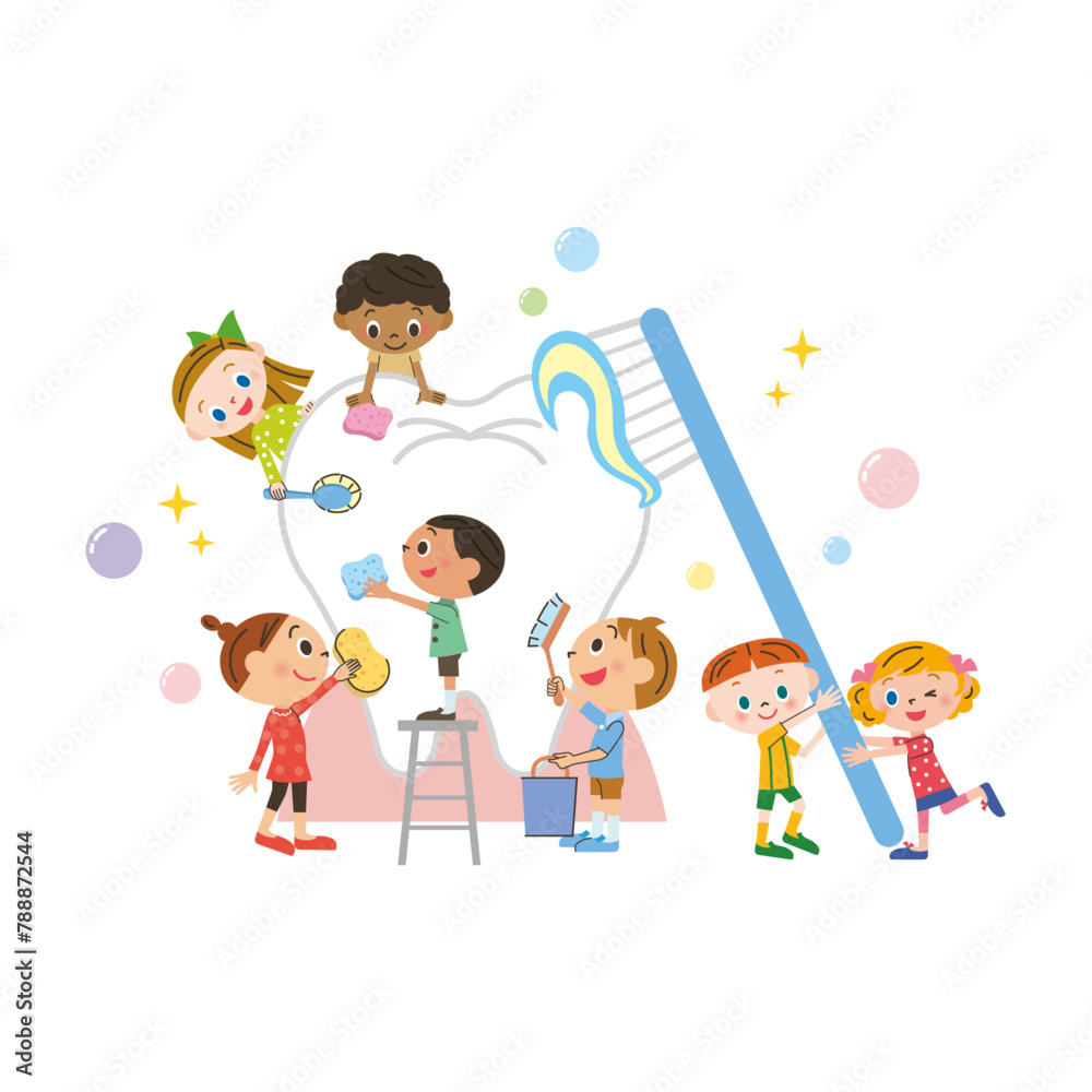 大きな歯を子供達で磨くイメージのイラスト 大きな歯を子供達で磨くイメージのイラスト
