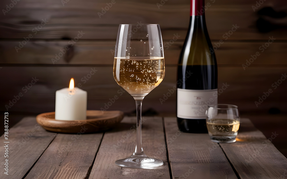 Glass of wine bubbles with wooden table and candle with wine bottle in background, Glass and bottle with delicious wine on table against wooden background. wine, glass, bottle, alcohol, drink Glass of wine bubbles with wooden table and candle with wine bottle in background, Glass and bottle with delicious wine on table against wooden background. wine, glass, bottle, alcohol, drink