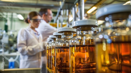 A group of scientists in a laboratory working together to develop new sustainable ods for producing and refining biofuels. .