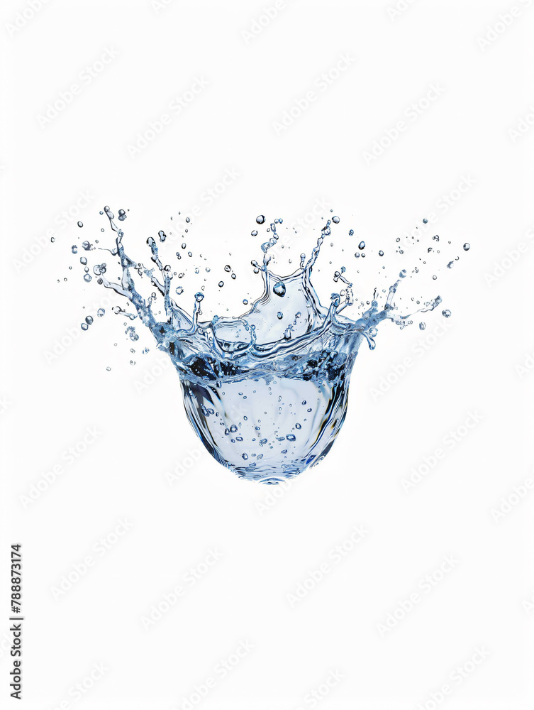 Dynamic water splash isolated on white, symbolizing purity and the refreshing nature of water, with copy space.
