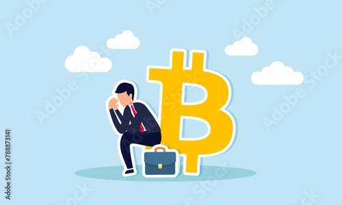 FUD Fear, Uncertainty, Doubt in crypto trading, spreading negative info, concept of The confused investor sits, fear overshadowing the Bitcoin symbol