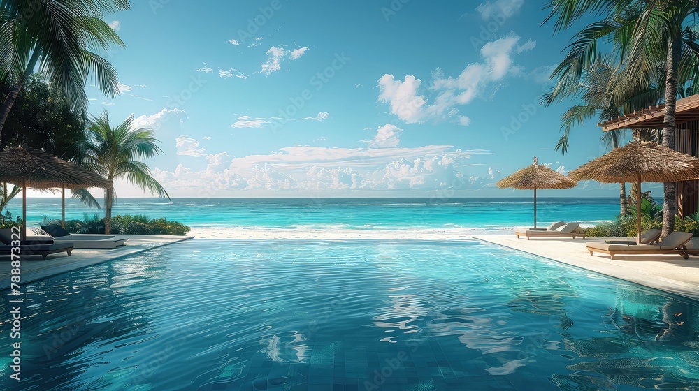 Luxury hotel with swimming pool. Best for summer holiday location. Sea or ocean in backgorund. Palms, loungers, umbrellas for perfect comfort Luxury hotel with swimming pool. Best for summer holiday location. Sea or ocean in backgorund. Palms, loungers, umbrellas for perfect comfort