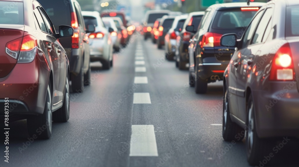 Closeup of a congested highway with multiple lanes of cars at a standstill and frustrated drivers trying to merge into fastermoving lanes. .