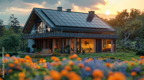 Another view of a modern eco-friendly house during sunset  emphasizing sustainable architecture. 