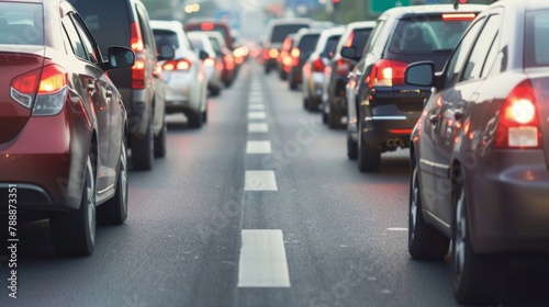 Closeup of a congested highway with multiple lanes of cars at a standstill and frustrated drivers trying to merge into fastermoving lanes. . photo
