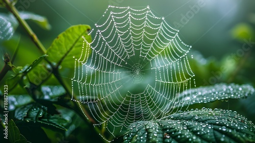 A spiderweb glistens with dewdrops in the early morning light, delicately suspended above vibrant green foliage.