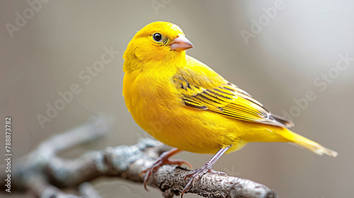 Bright yellow canary perched on a twig, vibrant against a blurred natural background.
