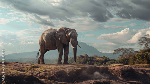 Solitary elephant wandering in the wild, dramatic sky, concept: natural habitat.