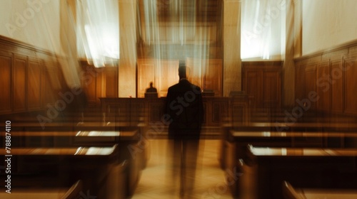 A defocused image captures the main elements of a court in motion a raised judges bench a looming witness stand and the powerful weight of the gavel all out of focus but unmistakably . photo